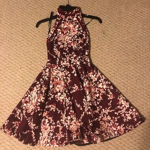 Burgundy Floral Mock-Neck Fit & Flare Dress